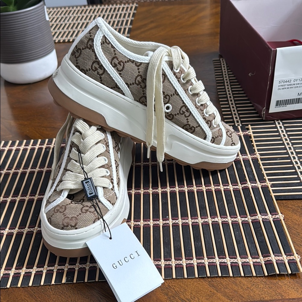Gucci Beige and White Logo Sneakers